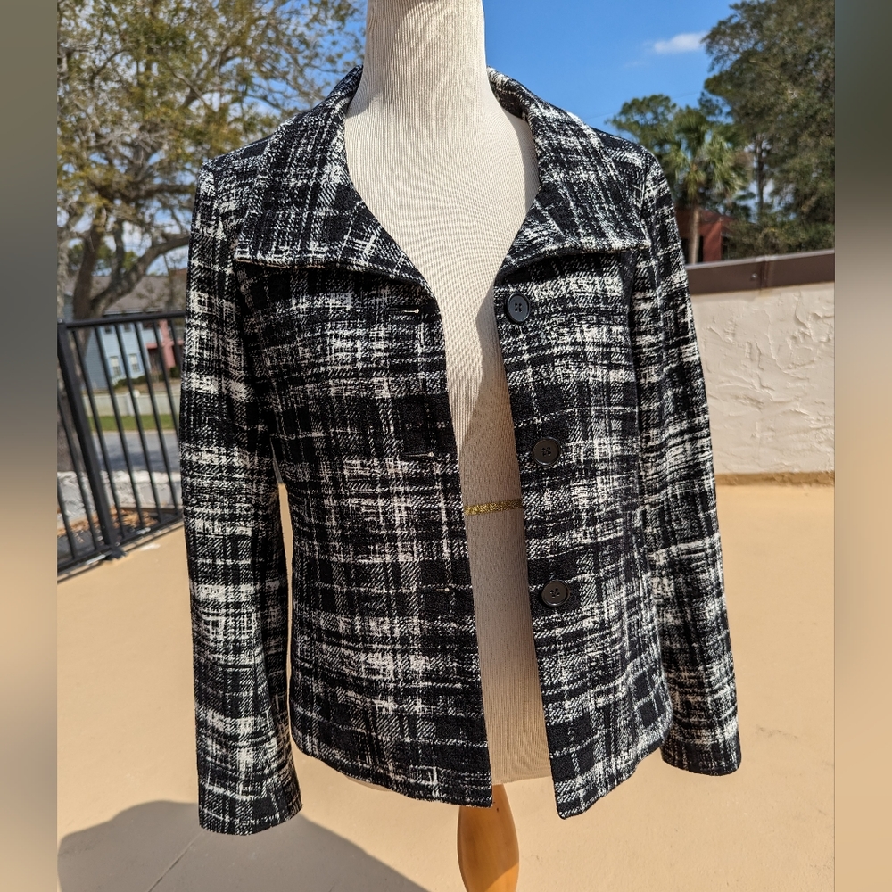 Ann Taylor Deconstructed Houndstooth / Checkered / Plaid Pattern Tweed Jacket